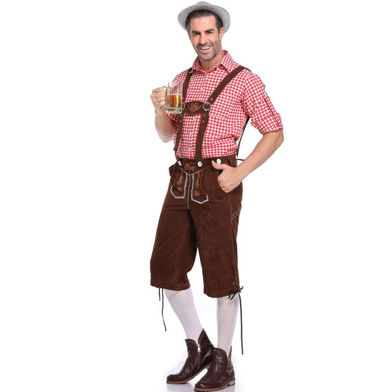 Oktoberfest Party Guy Costume red Shirt  with Hat- Lederhosen costume for men