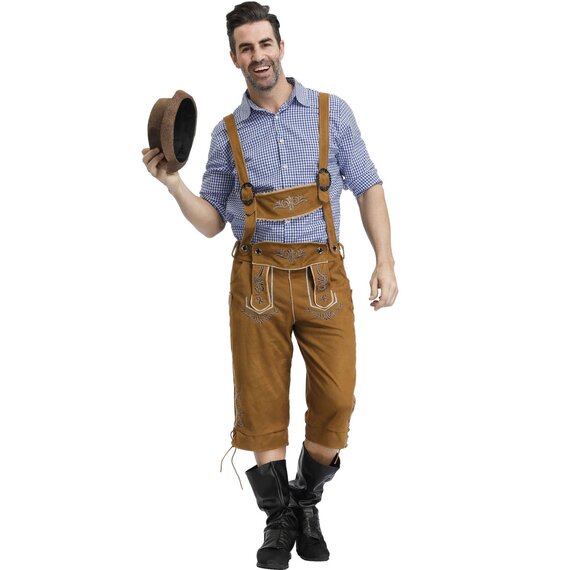 mens Oktoberfest Beer Festival German cosplay outfit blue and white gingham shirt dungaree lederhosen