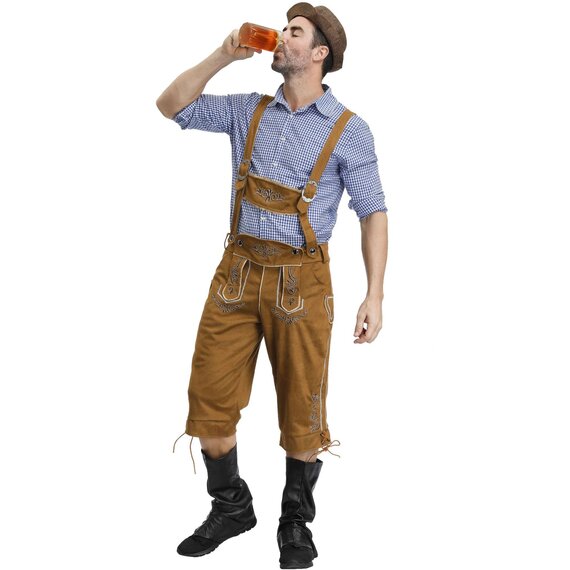 Men Oktoberfest Costume Traditional German Bavarian Beer Male Cosplay blue shirt with hat