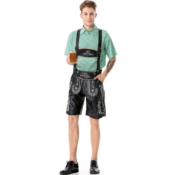 green shirt and Deluxe Suspenders Bavarian Oktoberfest Mens Lederhosen black