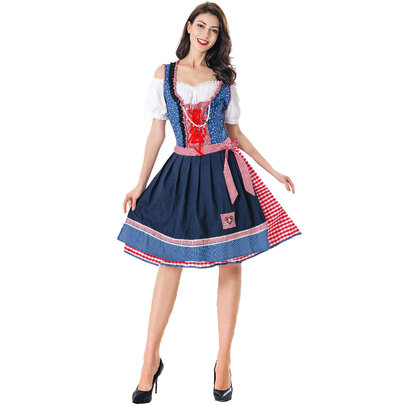 Women Oktoberfest Dirndl Costume red plaid with white beads