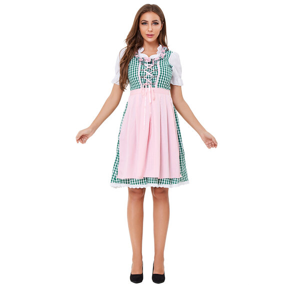 Women's Green Plaid Oktoberfest Costume With Pink Apron