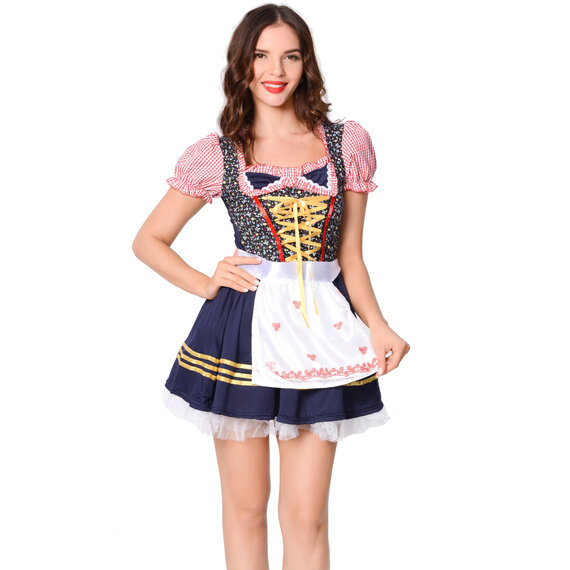 Women's Red Plaid German Dirndl Dress Costumes for Traditional Bavarian Oktoberfest Carnival Halloween