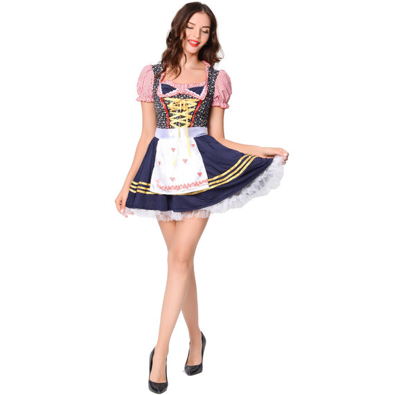 women's Oktoberfest costume features a dress with attached apron