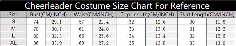 SKU 1035 Cheerleader Costume Size Chart