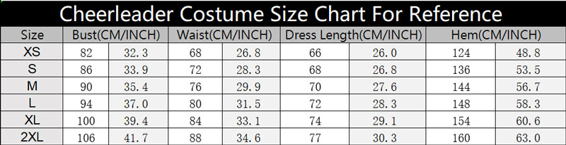 SKU 4034 Cheerleader Costume Size Chart