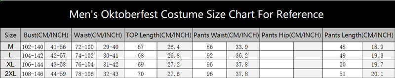 sku 3350 Men Oktoberfest Costume Size Chart