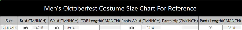 sku 6491 Men Oktoberfest Costume Size Chart