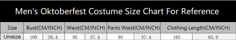 sku 6502 Men Oktoberfest Costume Size Chart