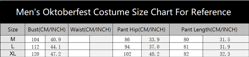 sku 6645 Men Oktoberfest Costume Size Chart
