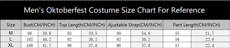 sku 6647 Men Oktoberfest Costume Size Chart