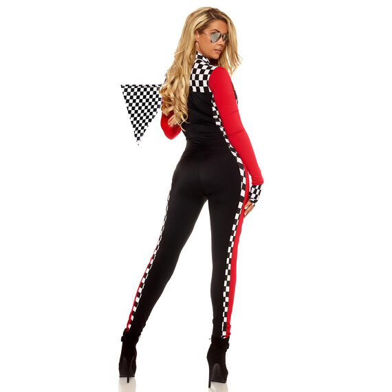 female race car driver costume includes a zip front catsuit with checkered print contrast and authentic patches