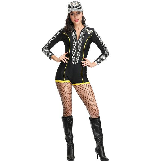 Women's Sexy Nascar Race Car Driver Costume black with cap and fishnet stocking