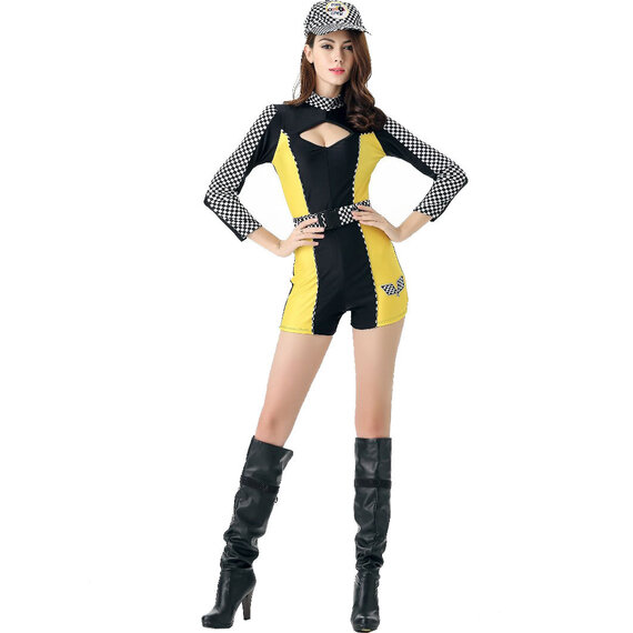 black and Yellow Ladies Sexy Racing Car Driver Uniform Costume