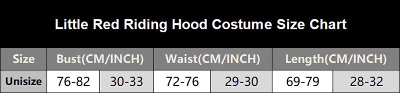 Little Red Riding Hood Costume Size Chart