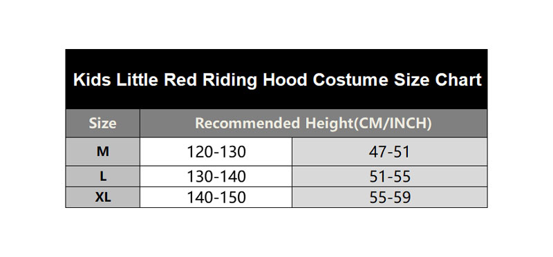SKU 1947 Little Red Riding Hood Costume Size Chart