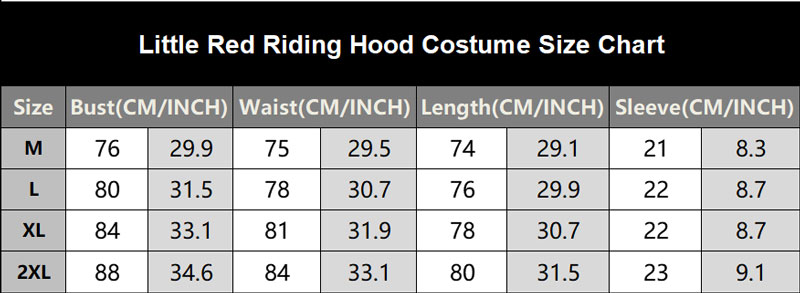 SKU 248 Little Red Riding Hood Costume Size Chart