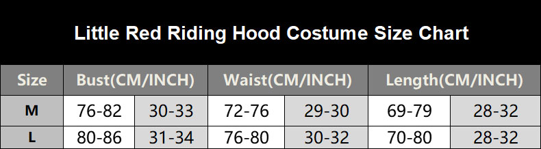 SKU 3018 6093 Little Red Riding Hood Costume Size Chart