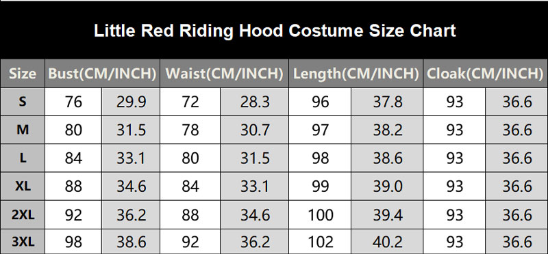 SKU 9013 Little Red Riding Hood Costume Size Chart