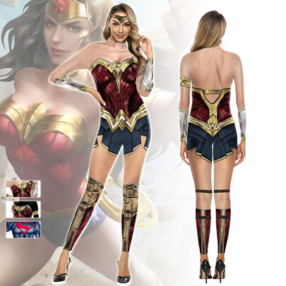 long sleeve red wonder woman jumpsuit for halloween cosplay