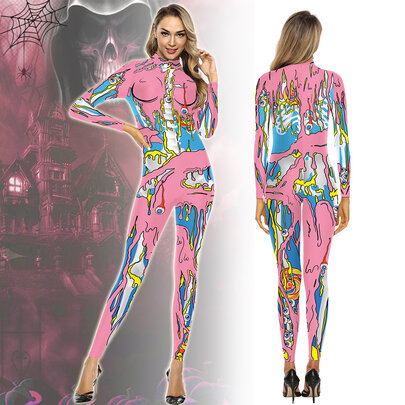 Long Sleeve Bloodshot Eye Scary Halloween Jumpsuit Costume Pink