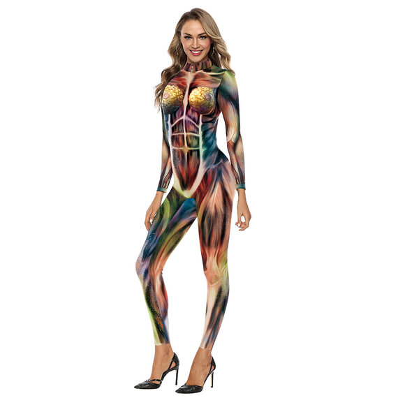 Halloween 3D Printing Human Muscle Organ Printing Jumpsuit Ladies Long Sleeve Dresses