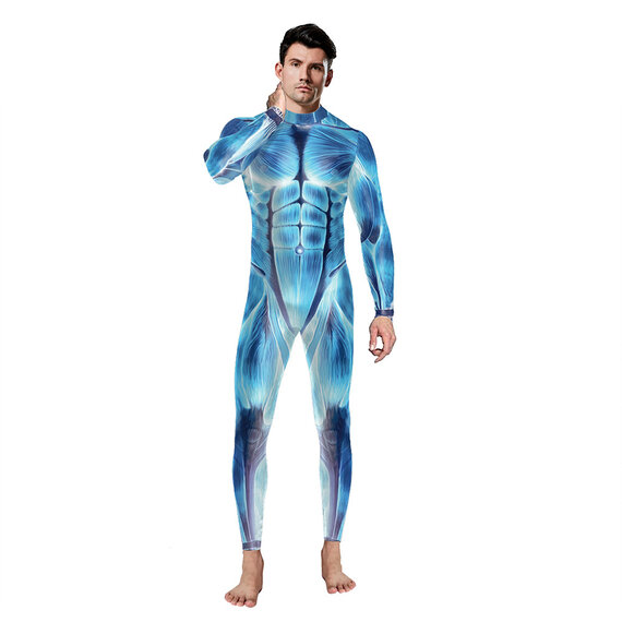 cool blue Anatomy print halloween cosplay costume zipper closure bodysuit