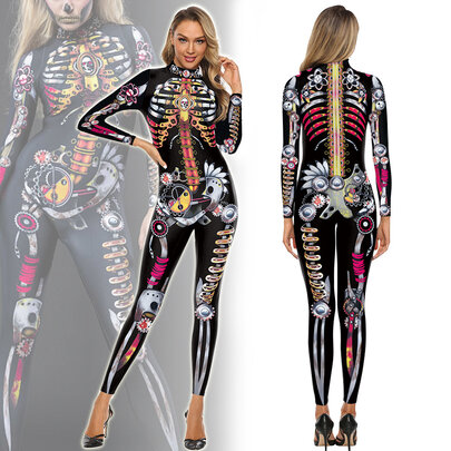 Women's Halloween Skeleton Bodysuit Jumpsuit long sleeve