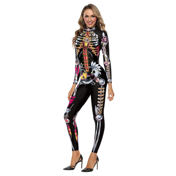 lady Halloween Skeleton Scary Skull Print Skinny Catsuit