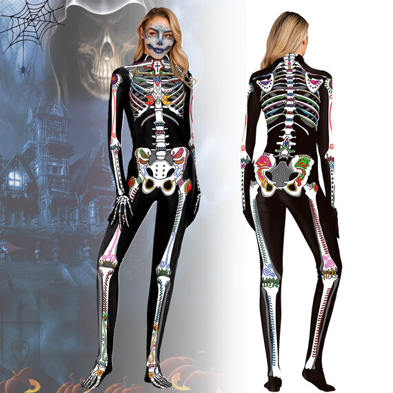 Womens Horror 3D Skeleton with Rose Onesies Jumpsuits Outfits Clothes