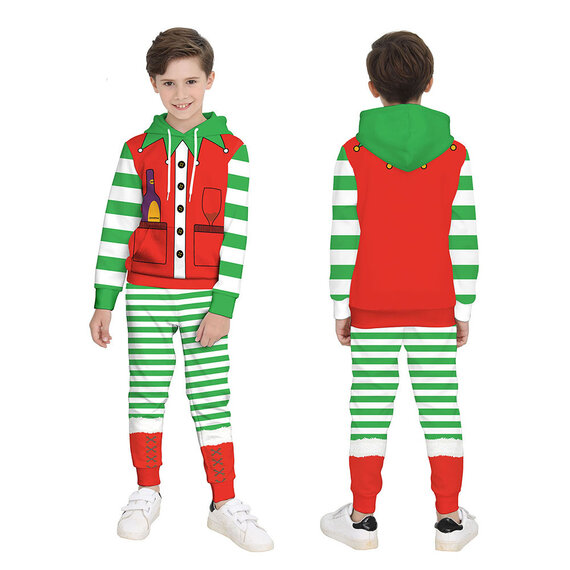 95 Polyester 5 Spandex children's Christmas Santa Claus Hoodie pant Set 2pcs