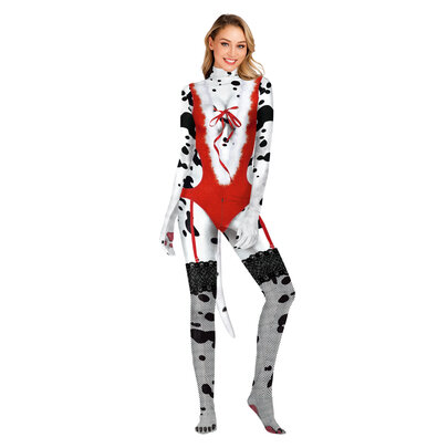 zipper closure Spotted Dog animal series catsuit with tail for women