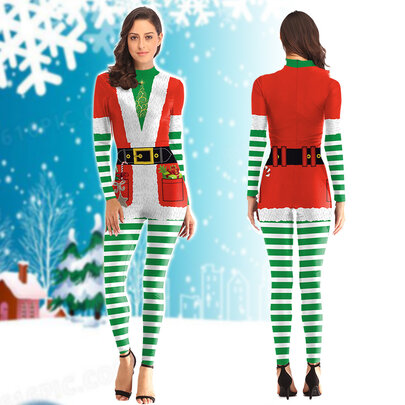 Red Green Striped Printed Jumpsuits Sexy Party Bodysuit 