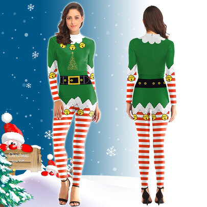 Womens Christmas Stripes Costume bodysuit green