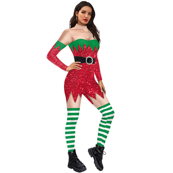 Red Green Elf Costume Jumpsuit For Christmas Gift