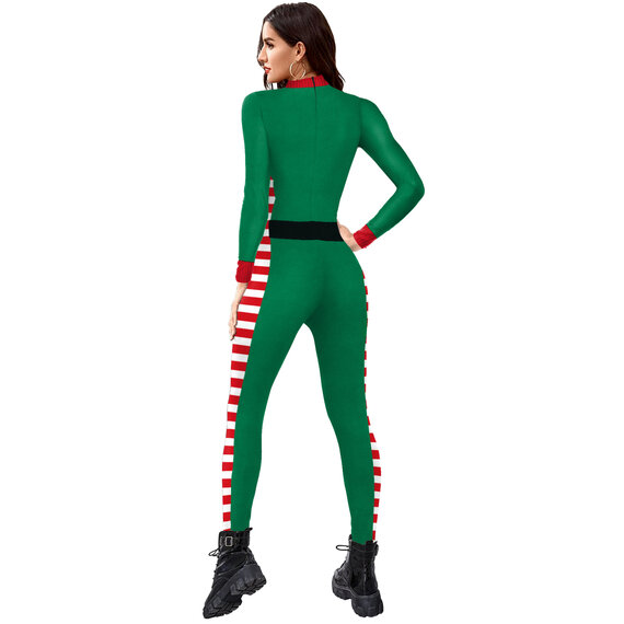long sleeve zipper closure merry christmas elf sexy bodysuit for holiday party