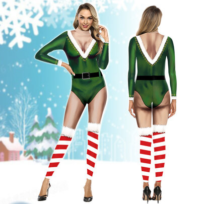 Long Sleeve One Piece Sexy Santa Elf 3D print Jumpsuit for christmas cosplay