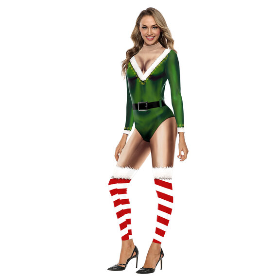 ladies sexy v-neck print catsuit with red stripes fashion gift for christmas