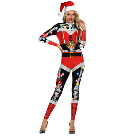 long sleeve christmas santa and Skeleton print catsuit for women
