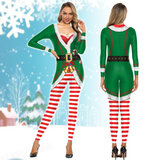 slim green with red stripes Christmas ELF jumpsuit is easy for new year holiday parties
