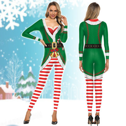 slim green with red stripes Christmas ELF jumpsuit is easy for new year holiday parties