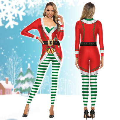 Women Carnival Party Clothing Fashion New Year Bodysuit green stripes 