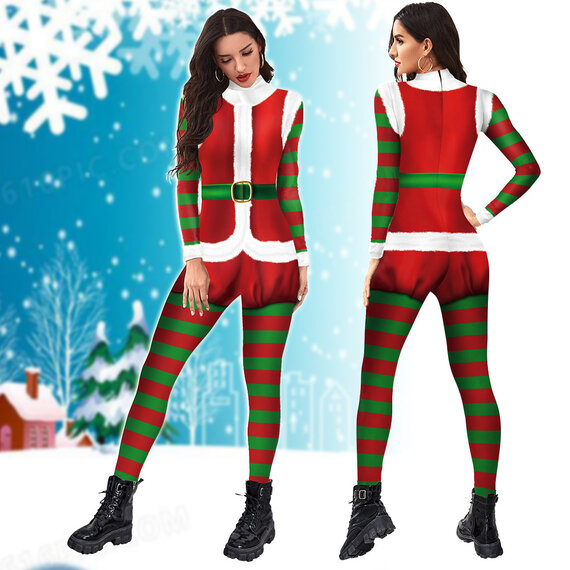 Long Sleeve Skinny Jumpsuits christmas bodysuit red