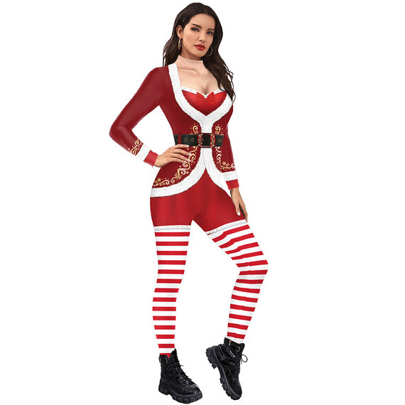 lady  Christmas Party Cosplay Costume Women Santa Printed Catsuit Long Sleeve