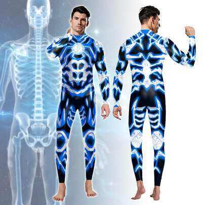 Mens Skeleton Halloween Costume Bodysuit Blue zipper closure