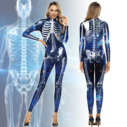 long sleeve zipper suit with 3D Graphic Skeleton Starry Sky Print