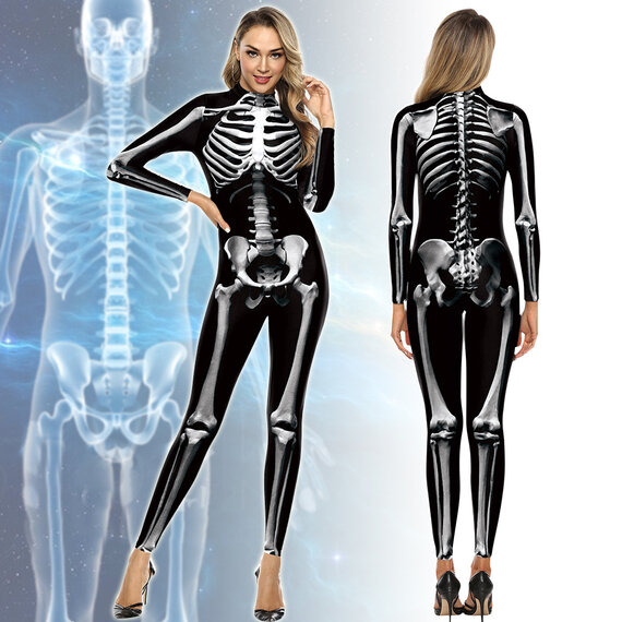 Women Halloween Party Costume Skull Print Long Sleeve Jumpsuit Outfit