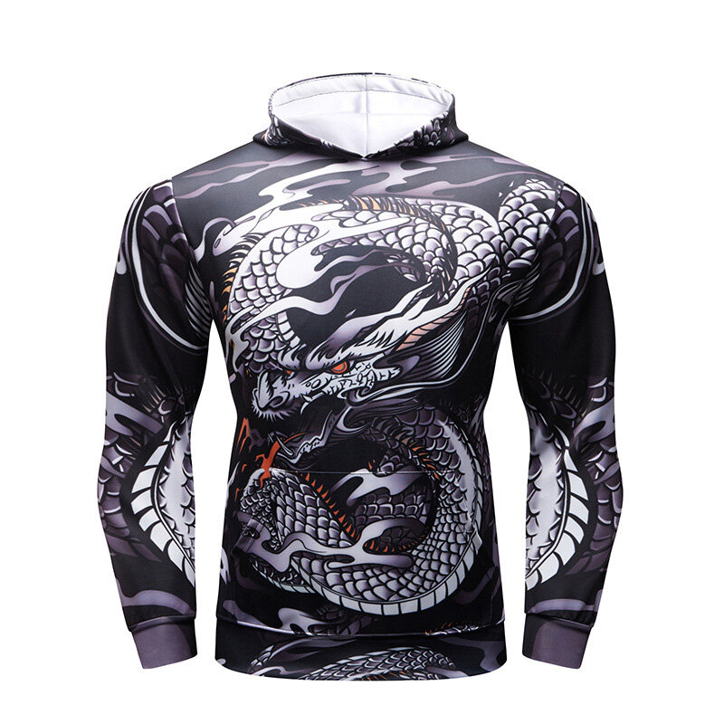 Mens Kung Fu Dragon Printed Long Sleeve Hoodie Pullover Sweatshirt