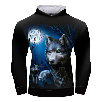 Men's Realistic 3D Digital Print moon wolf Pullover Hoodie Hooded Sweatshirt