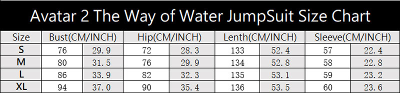 Avatar 2 The Way of Water Cosplay Jumpsuit Size Chart For Reference